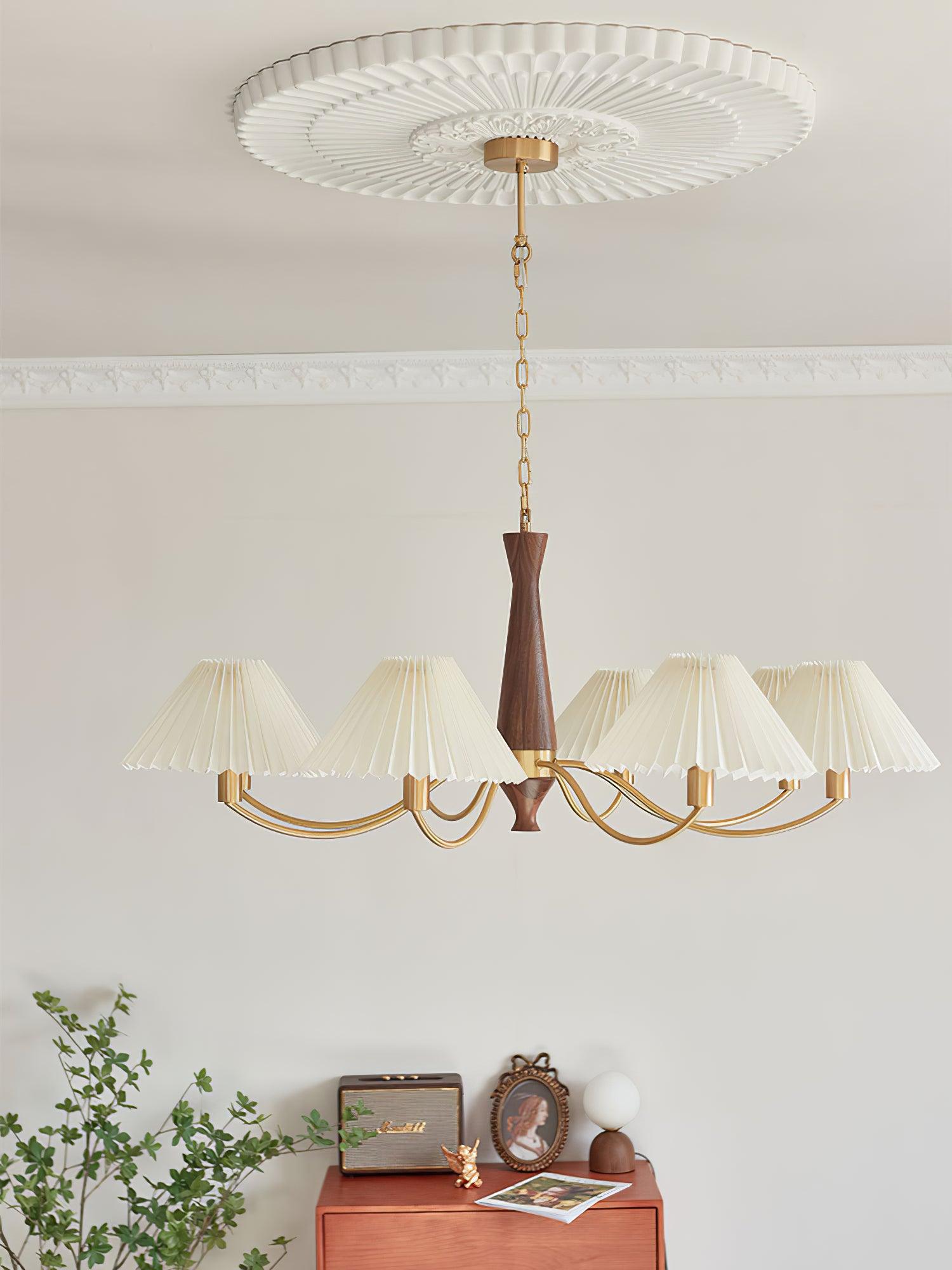 Chandelier Wood Iron 27.6 in Beige Pleated Shade Dining Room Ceiling Light Fixture Adjustable Multi Arm | Thomler