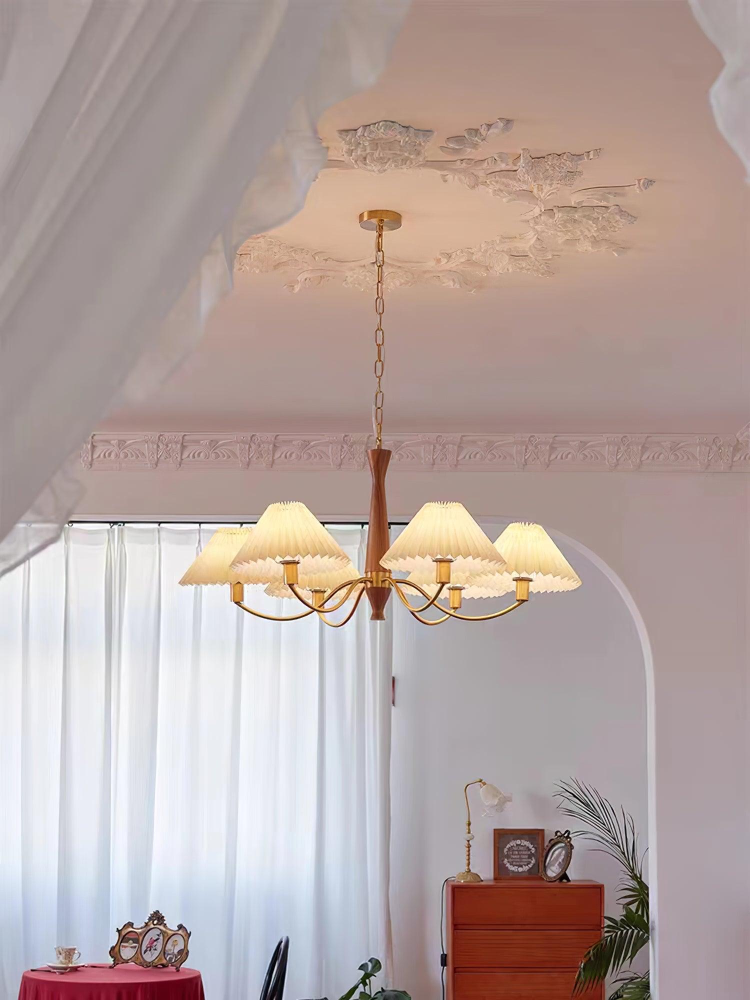 Chandelier Wood Iron 27.6 in Beige Pleated Shade Dining Room Ceiling Light Fixture Adjustable Multi Arm | Thomler