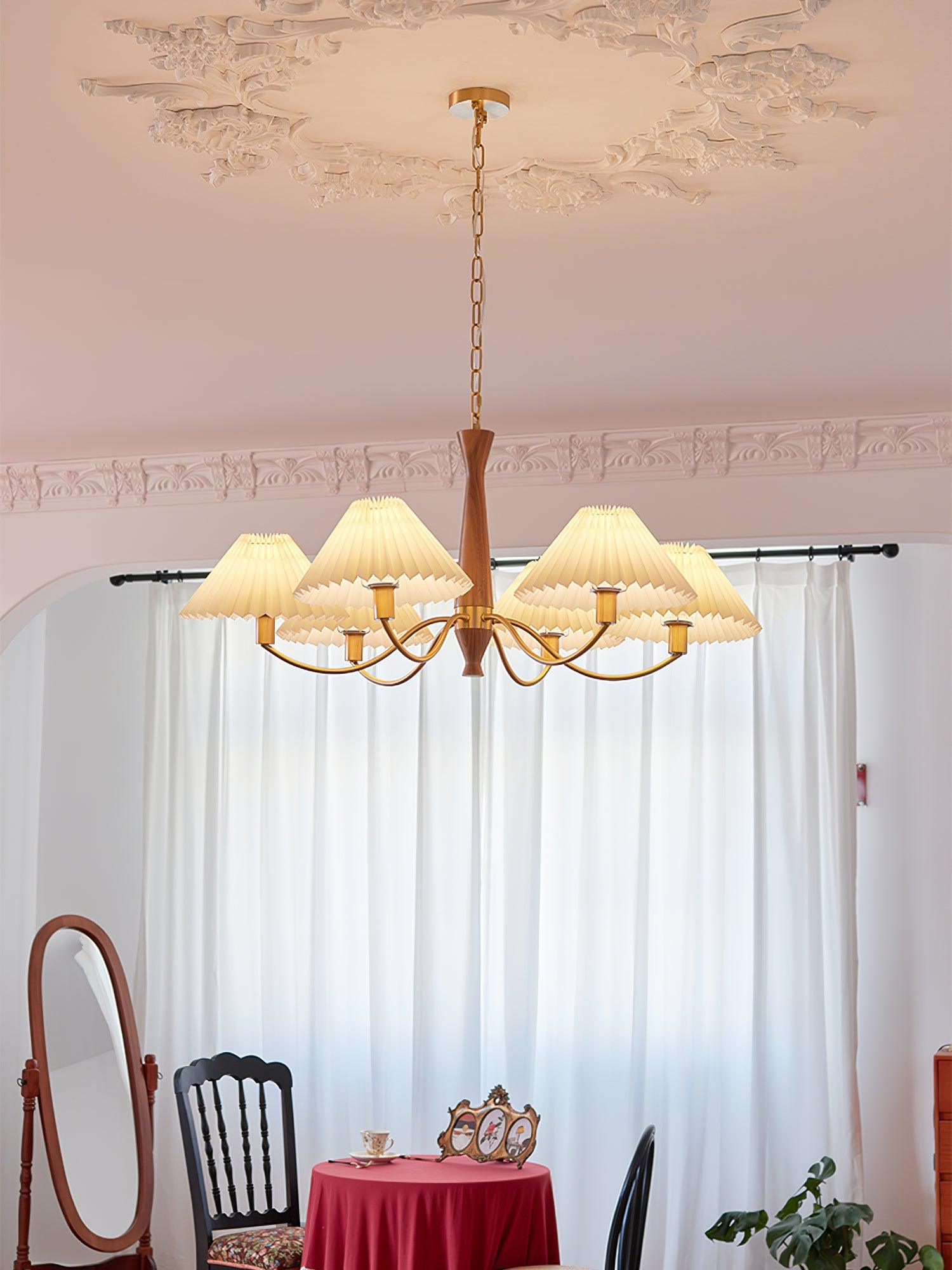 Chandelier Wood Iron 27.6 in Beige Pleated Shade Dining Room Ceiling Light Fixture Adjustable Multi Arm | Thomler