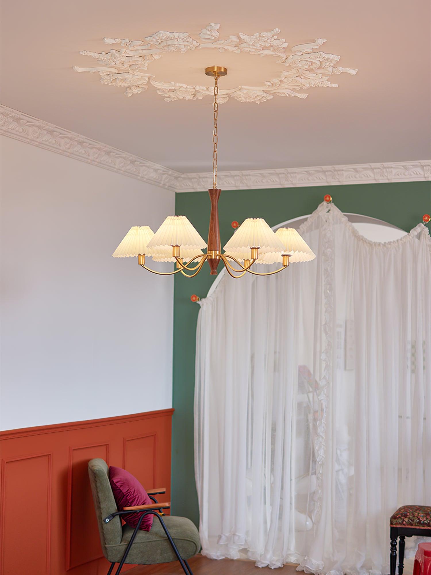 Chandelier Wood Iron 27.6 in Beige Pleated Shade Dining Room Ceiling Light Fixture Adjustable Multi Arm | Thomler