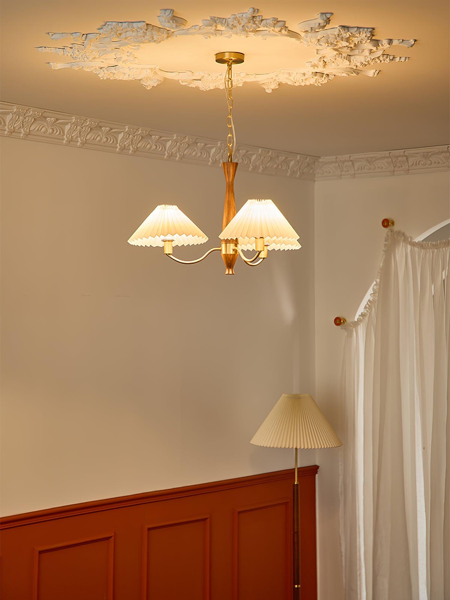Chandelier Wood Iron 27.6 in Beige Pleated Shade Dining Room Ceiling Light Fixture Adjustable Multi Arm | Thomler