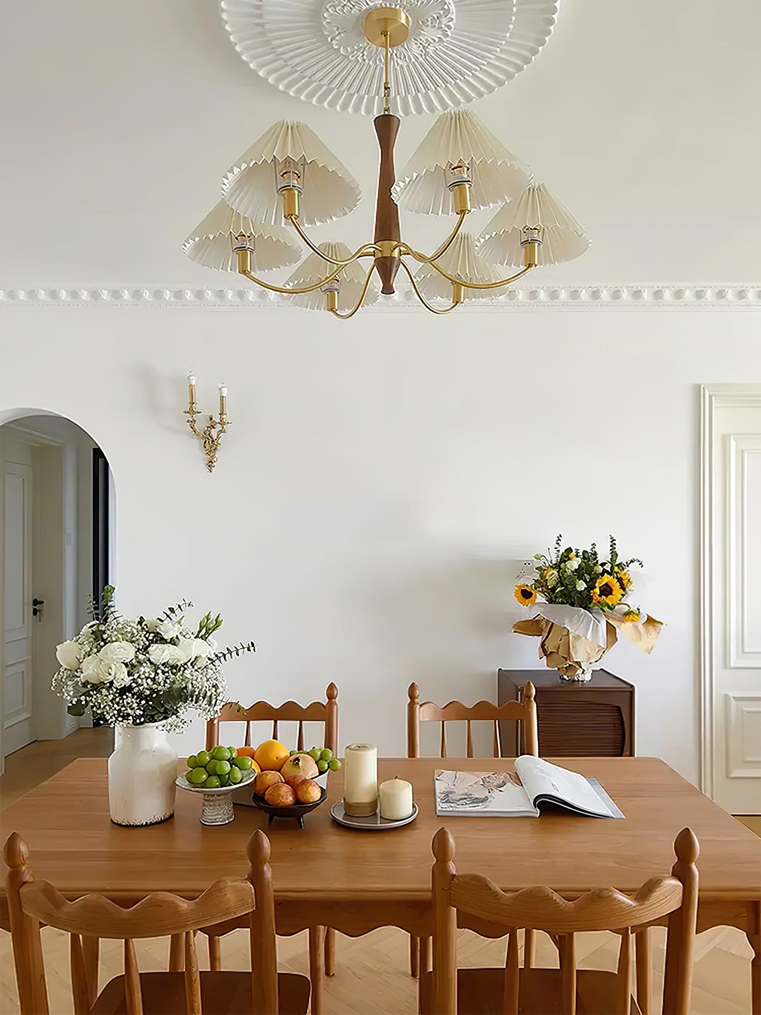Chandelier Wood Iron 27.6 in Beige Pleated Shade Dining Room Ceiling Light Fixture Adjustable Multi Arm | Thomler