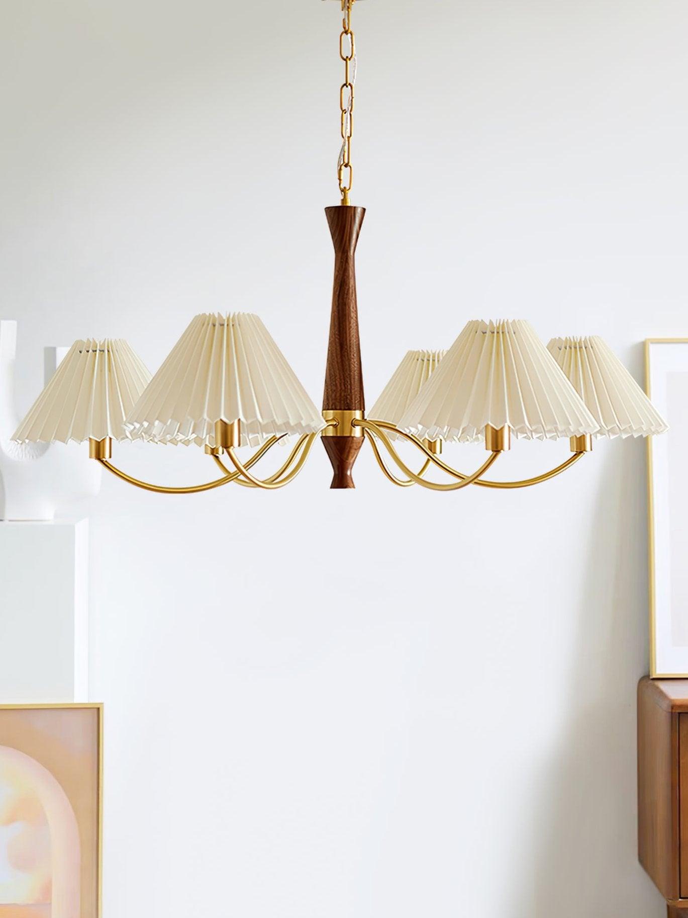 Chandelier Wood Iron 27.6 in Beige Pleated Shade Dining Room Ceiling Light Fixture Adjustable Multi Arm | Thomler