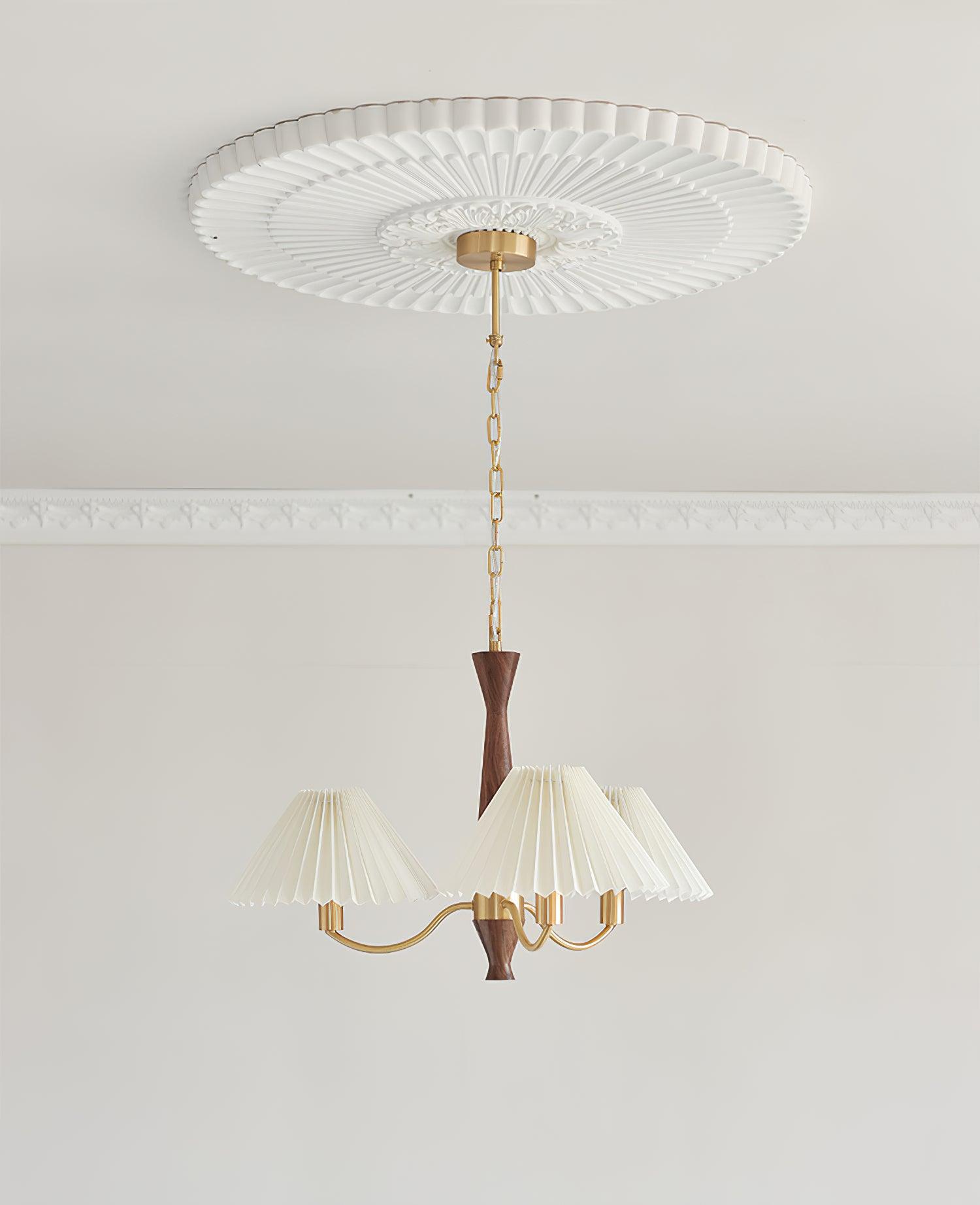 Chandelier Wood Iron 27.6 in Beige Pleated Shade Dining Room Ceiling Light Fixture Adjustable Multi Arm | Thomler