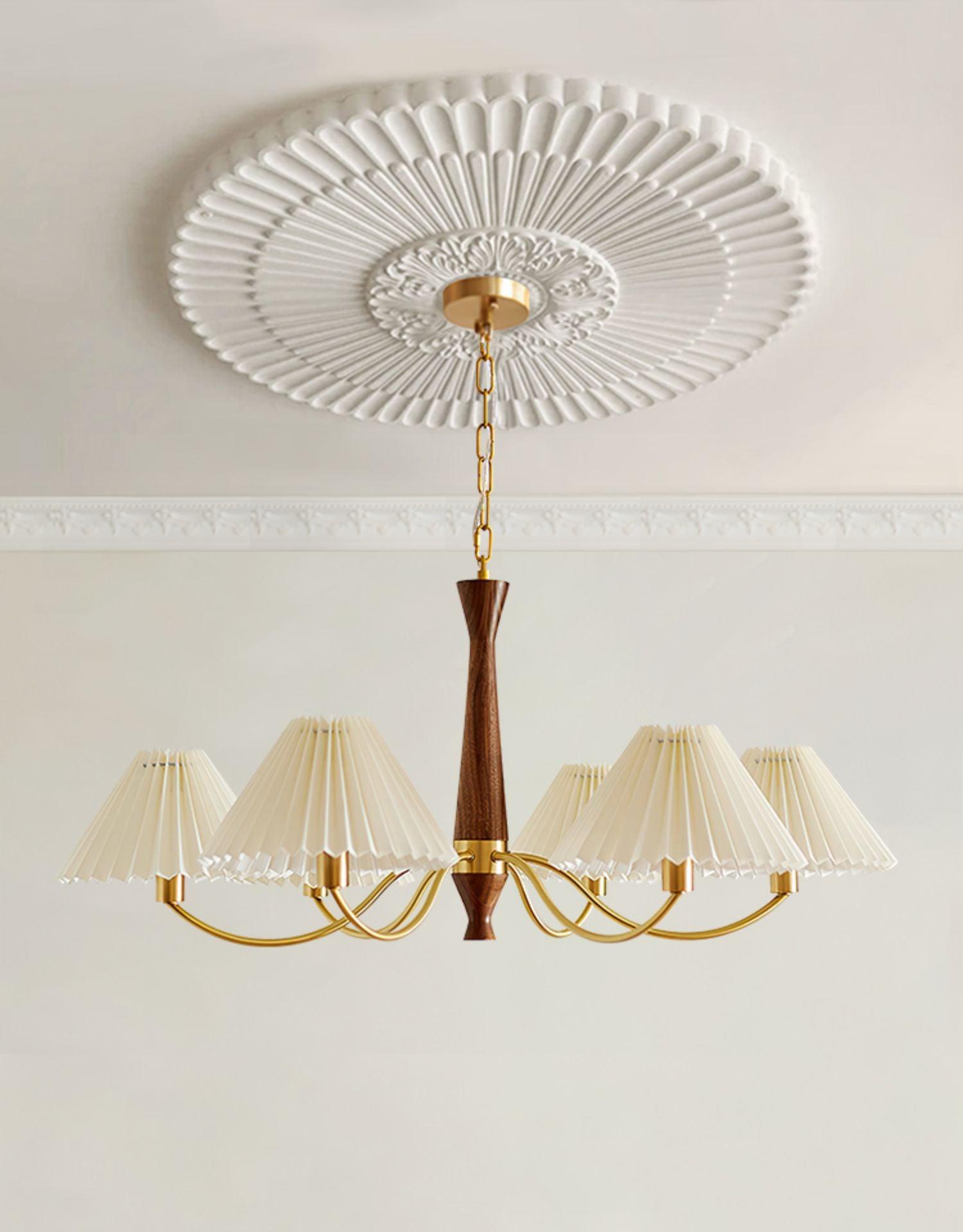 Chandelier Wood Iron 27.6 in Beige Pleated Shade Dining Room Ceiling Light Fixture Adjustable Multi Arm | Thomler