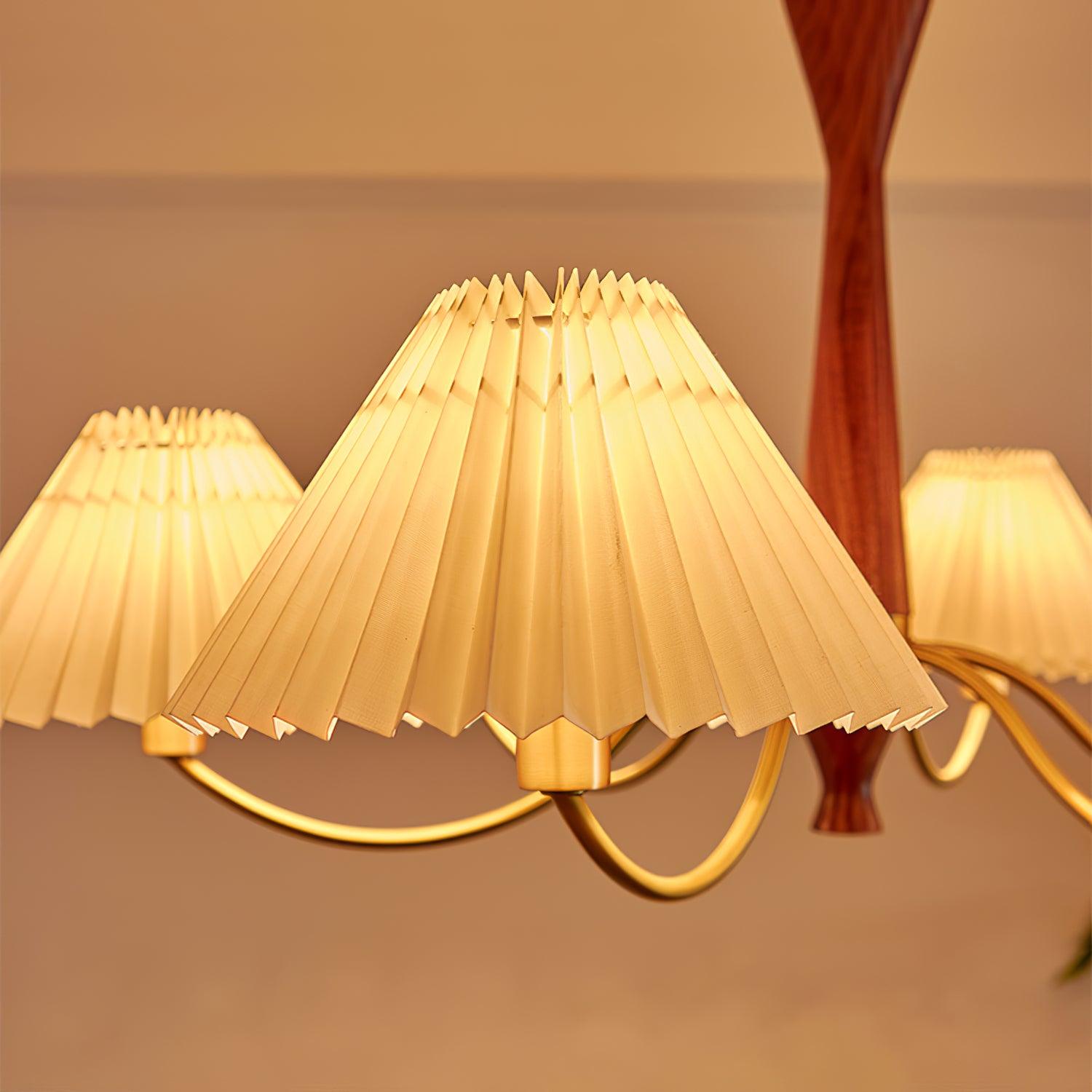 Chandelier Wood Iron 27.6 in Beige Pleated Shade Dining Room Ceiling Light Fixture Adjustable Multi Arm | Thomler