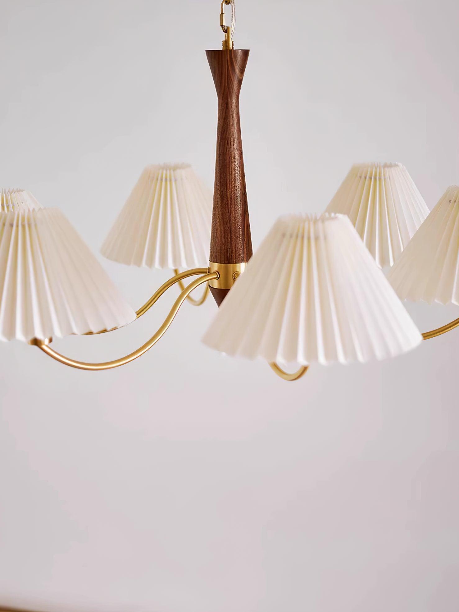 Chandelier Wood Iron 27.6 in Beige Pleated Shade Dining Room Ceiling Light Fixture Adjustable Multi Arm | Thomler