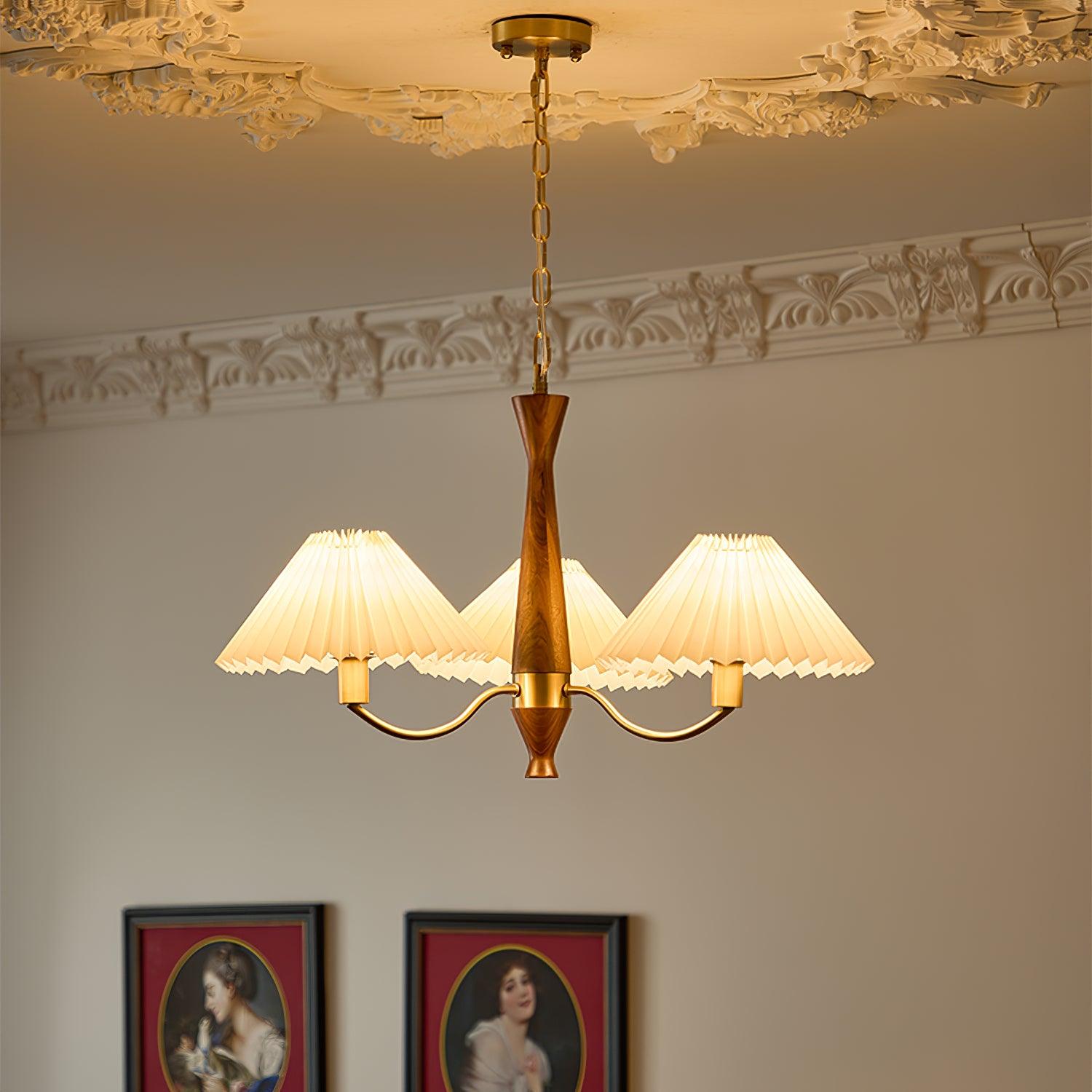 Chandelier Wood Iron 27.6 in Beige Pleated Shade Dining Room Ceiling Light Fixture Adjustable Multi Arm | Thomler