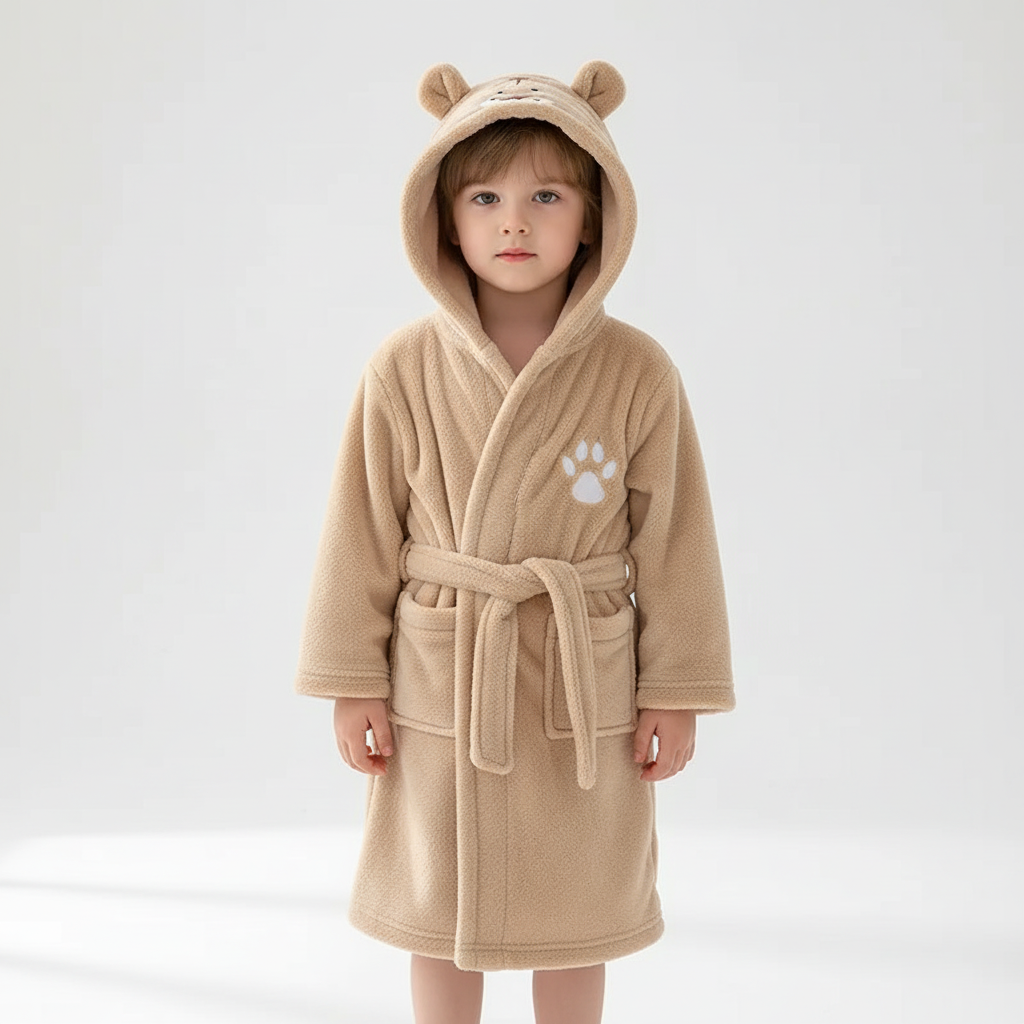 Kids Hooded Bathrobe Space Animal Print Coral Fleece Warm Morning Gown Boys Girls 2-12 Years Soft Tie Belt Bath Robe | Thomler