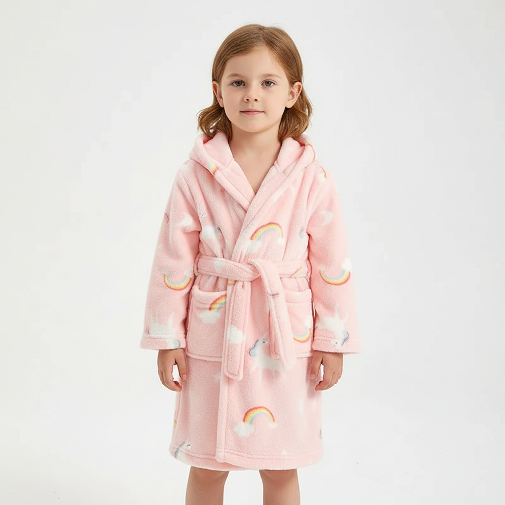 Kids Hooded Bathrobe Space Animal Print Coral Fleece Warm Morning Gown Boys Girls 2-12 Years Soft Tie Belt Bath Robe | Thomler