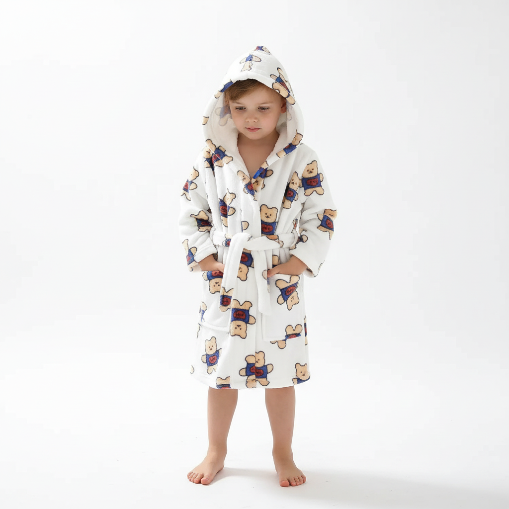 Kids Hooded Bathrobe Space Animal Print Coral Fleece Warm Morning Gown Boys Girls 2-12 Years Soft Tie Belt Bath Robe | Thomler