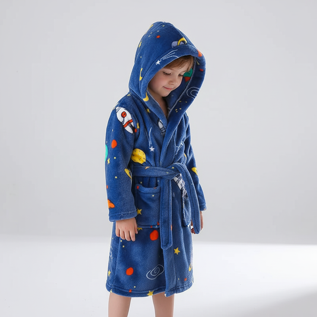 Kids Hooded Bathrobe Space Animal Print Coral Fleece Warm Morning Gown Boys Girls 2-12 Years Soft Tie Belt Bath Robe | Thomler