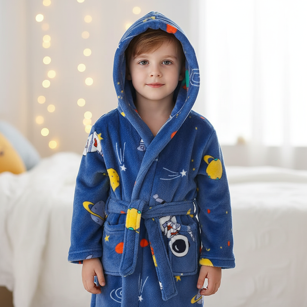 Kids Hooded Bathrobe Space Animal Print Coral Fleece Warm Morning Gown Boys Girls 2-12 Years Soft Tie Belt Bath Robe | Thomler