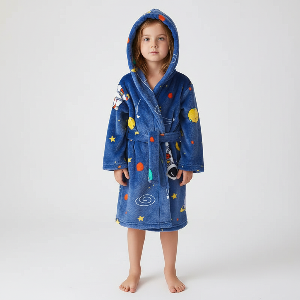 Kids Hooded Bathrobe Space Animal Print Coral Fleece Warm Morning Gown Boys Girls 2-12 Years Soft Tie Belt Bath Robe | Thomler