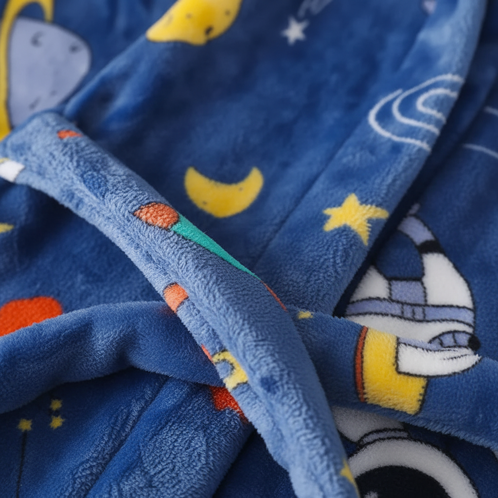 Kids Hooded Bathrobe Space Animal Print Coral Fleece Warm Morning Gown Boys Girls 2-12 Years Soft Tie Belt Bath Robe | Thomler
