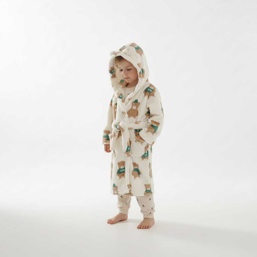 Kids Hooded Bathrobe Space Animal Print Coral Fleece Warm Morning Gown Boys Girls 2-12 Years Soft Tie Belt Bath Robe | Thomler