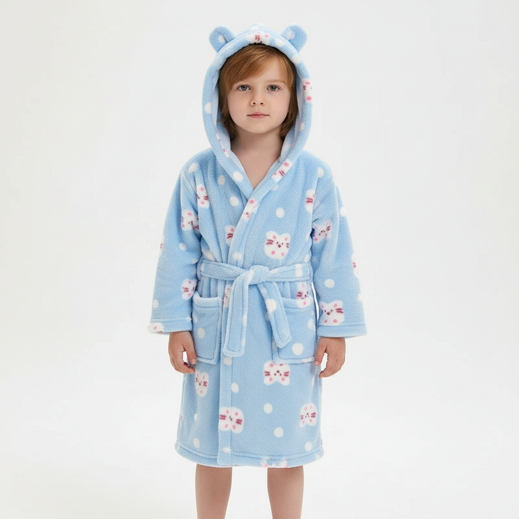 Kids Hooded Bathrobe Space Animal Print Coral Fleece Warm Morning Gown Boys Girls 2-12 Years Soft Tie Belt Bath Robe | Thomler