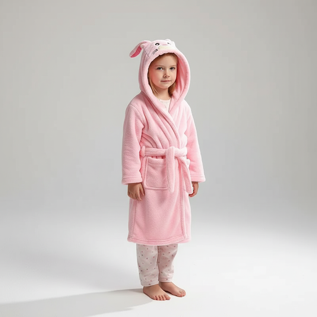Kids Hooded Bathrobe Space Animal Print Coral Fleece Warm Morning Gown Boys Girls 2-12 Years Soft Tie Belt Bath Robe | Thomler