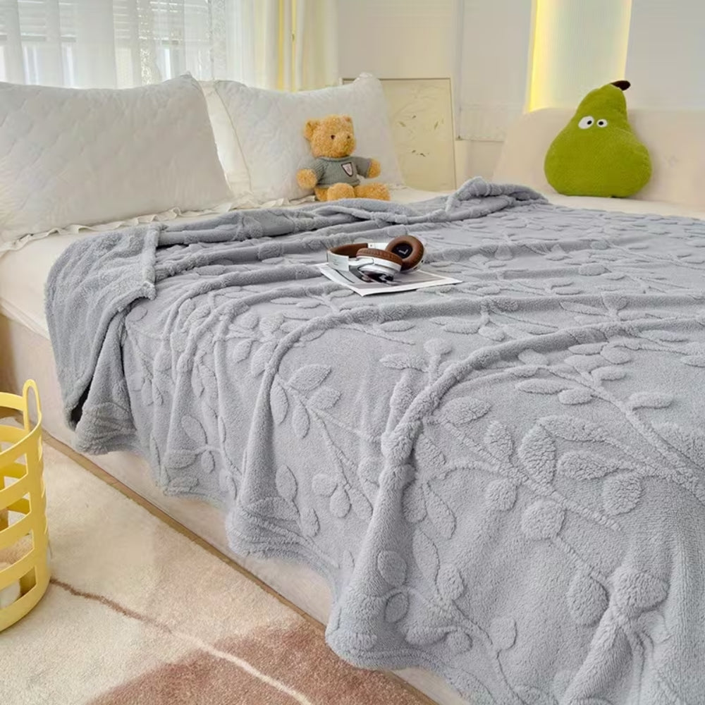 Textured Microfiber Fleece Throw Blanket – Botanical Relief Pattern, Machine Washable, All-Season – 4 Sizes | Thomler