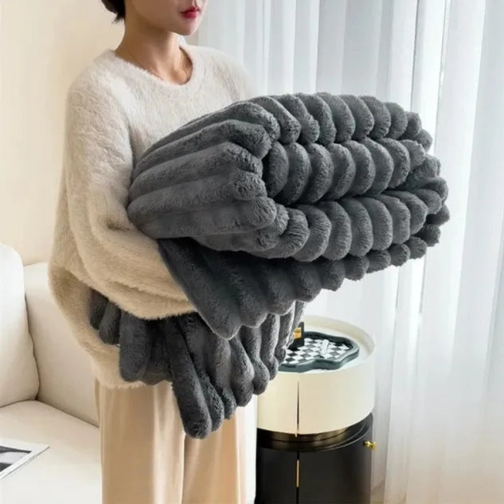 Ribbed Fleece Throw Blanket Soft Cozy 59x79 or 79x91 inch Year-Round Warmth for Couch Bed Living Room Bedroom Rose Gray Blue Ivory | Thomler