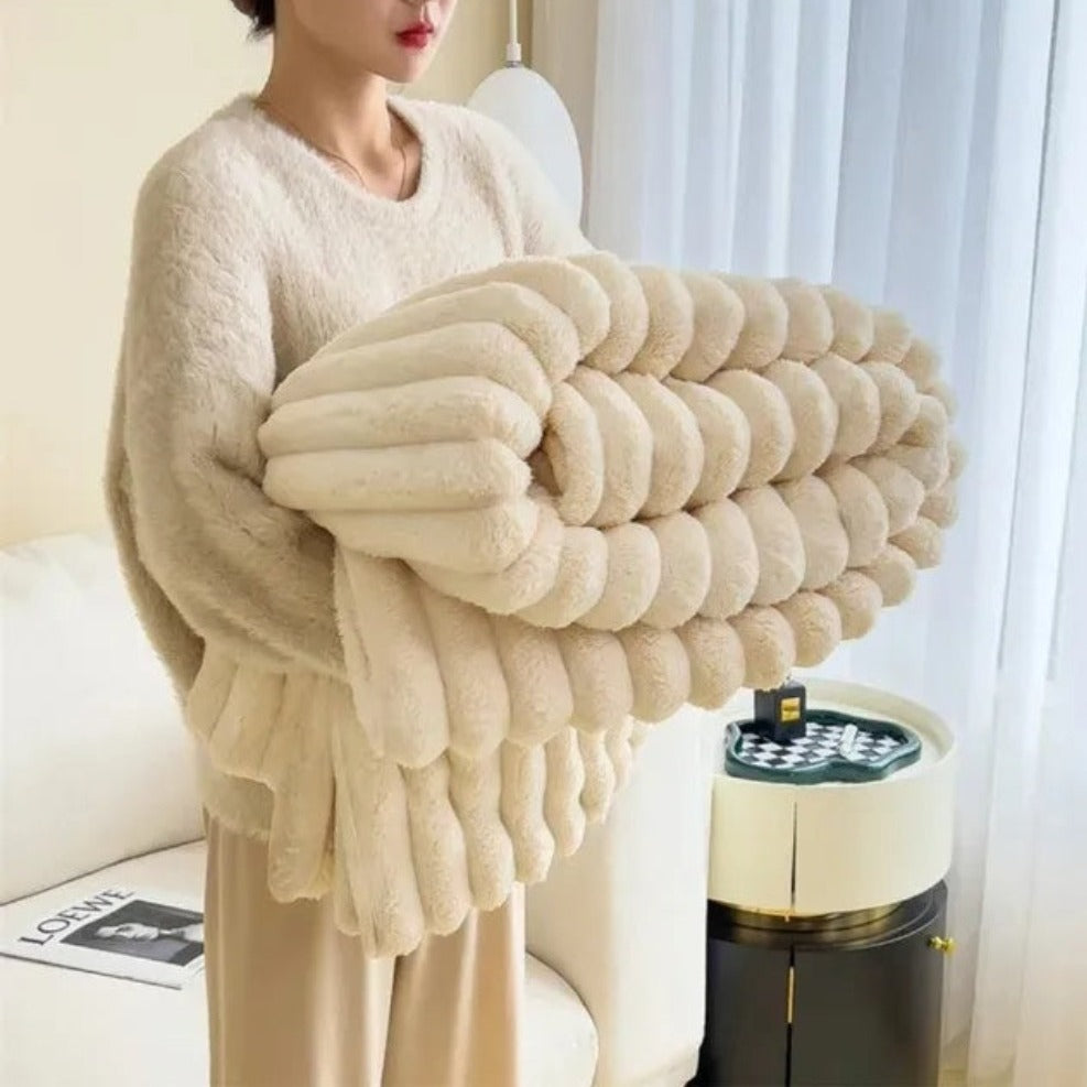 Ribbed Fleece Throw Blanket Soft Cozy 59x79 or 79x91 inch Year-Round Warmth for Couch Bed Living Room Bedroom Rose Gray Blue Ivory | Thomler