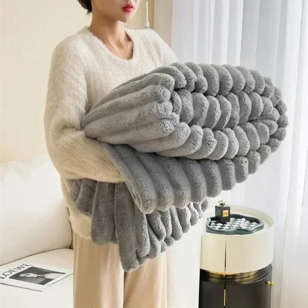 Ribbed Fleece Throw Blanket Soft Cozy 59x79 or 79x91 inch Year-Round Warmth for Couch Bed Living Room Bedroom Rose Gray Blue Ivory | Thomler