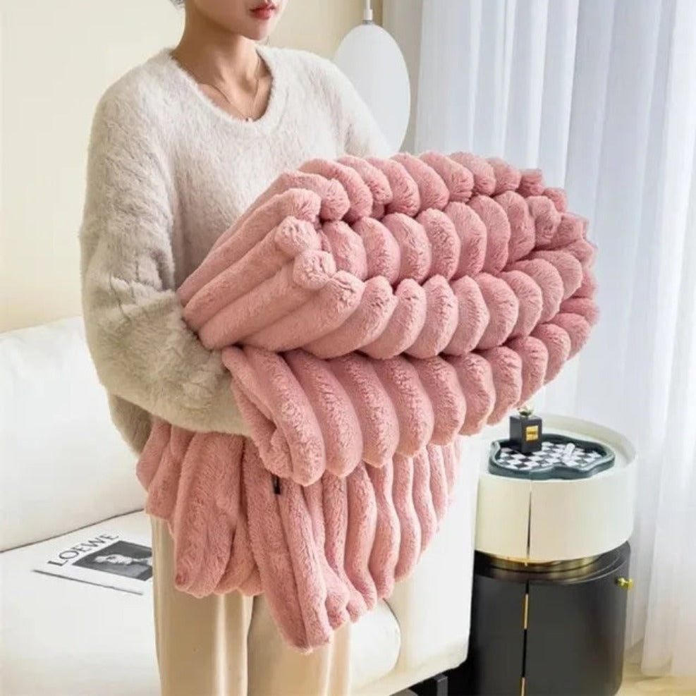 Ribbed Fleece Throw Blanket Soft Cozy 59x79 or 79x91 inch Year-Round Warmth for Couch Bed Living Room Bedroom Rose Gray Blue Ivory | Thomler