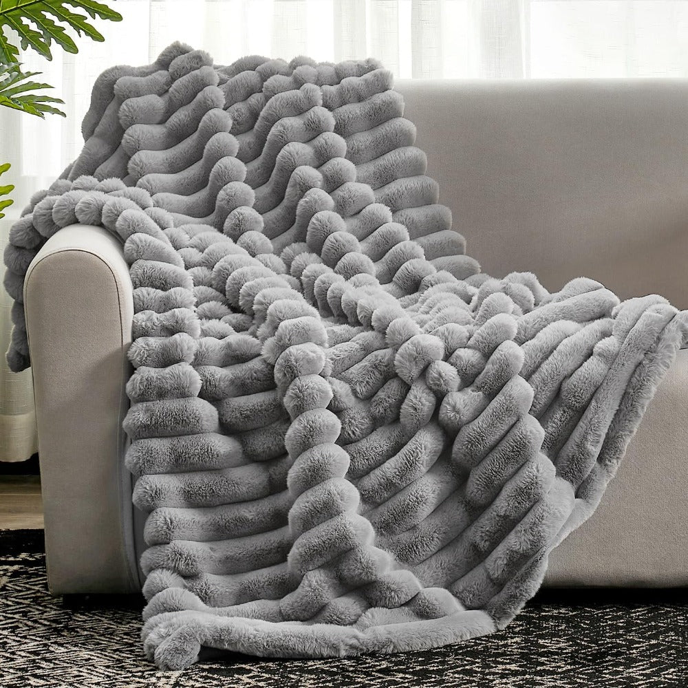 Ribbed Fleece Throw Blanket Soft Cozy 59x79 or 79x91 inch Year-Round Warmth for Couch Bed Living Room Bedroom Rose Gray Blue Ivory | Thomler
