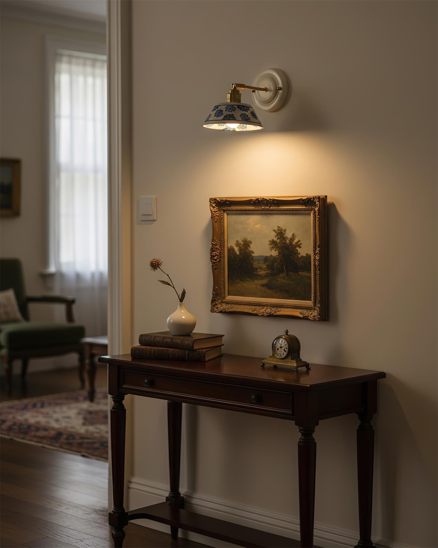Wall Lamp Ceramic 6.7 in Blue White Brass Accent Bathroom Hallway Reading Light | Thomler