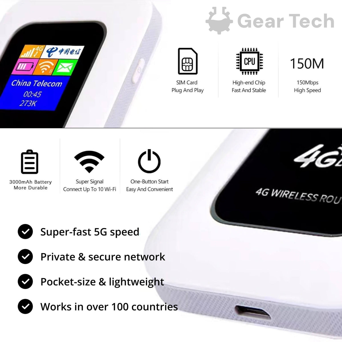 Portable 4G LTE Mobile Hotspot Router with 8-Hour Battery – Connect 10 Devices – Unlocked Travel WiFi for Car, Camping, RV, Business Trips | Thomler