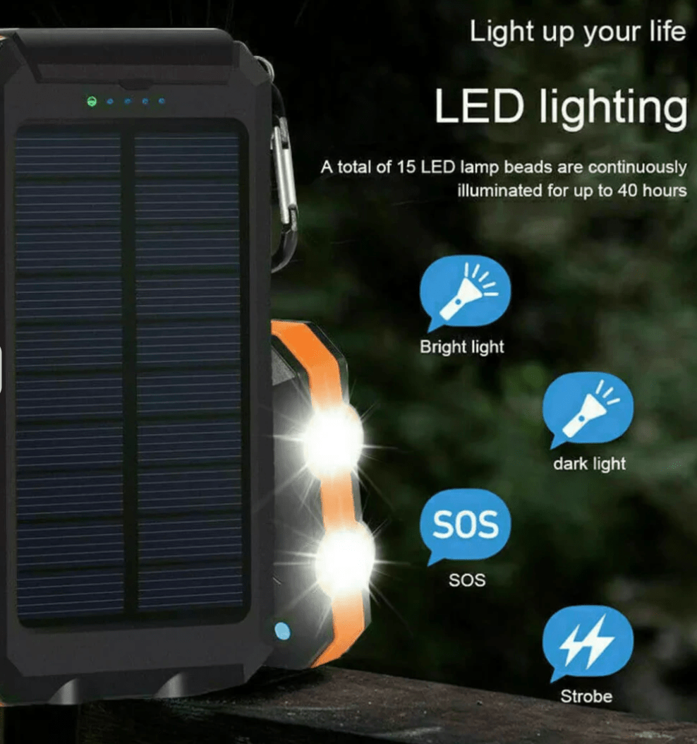 500000mAh Solar Battery Pack with Dual USB Ports & Built-In LED Flashlight – Waterproof Portable Charger for Camping & Hiking | Thomler