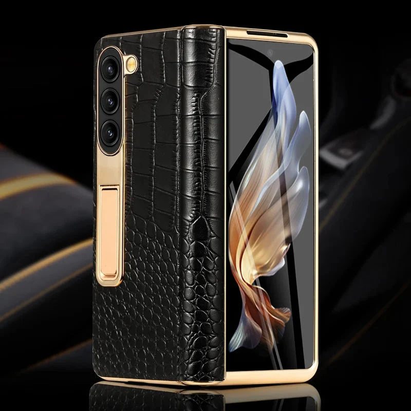 Genuine Leather Foldable Phone Case for Galaxy Z Fold 3/4/5/6/7/8 – Kickstand or Finger Loop Options – Full Protection Design | Thomler