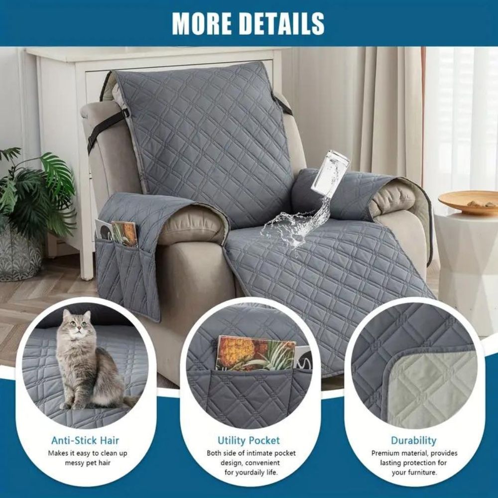 Recliner Chair Cover Waterproof Quilted Throw Protector with Side Pocket Non-Slip Furniture Slipcover for Living Room Sofa Shield | Thomler