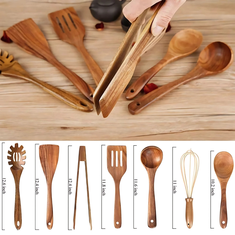 7-Piece Teak Wood Kitchen Utensil Set for Cooking & Serving, Heat-Resistant Natural Wooden Tools for Nonstick Pans, Includes Ladle Spatula | Thomler
