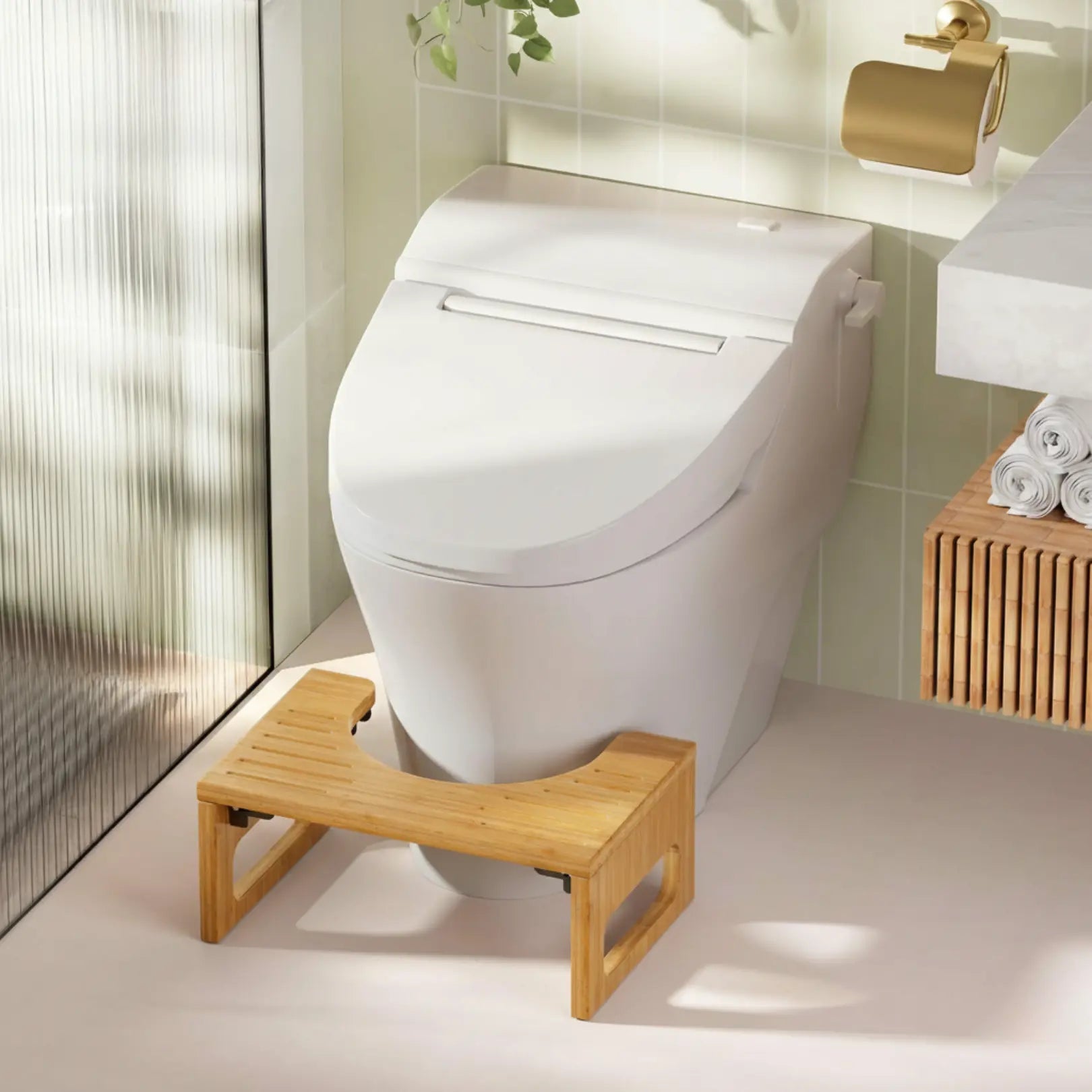 Collapsible Bathroom Footstool with Non-Slip Base – Space-Saving Bamboo Step Riser for Optimal Posture & Comfort | Thomler