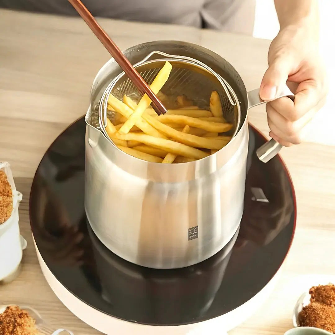 Deep Fryer Stainless Steel Built In Filter Sieve Home Frying Oil Storage Reusable Cooking Pot Kitchen Strainer | Thomler
