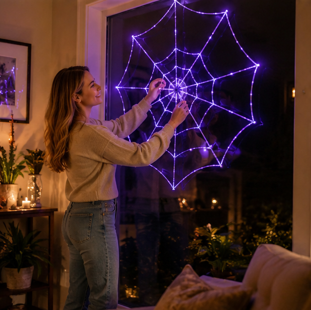 LED Cobweb Light with Remote – 12 ft Illuminated Spider Web for Halloween Parties & Haunted Displays | Thomler