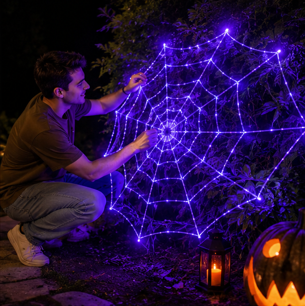 LED Cobweb Light with Remote – 12 ft Illuminated Spider Web for Halloween Parties & Haunted Displays | Thomler