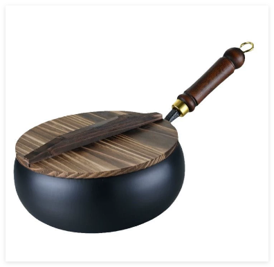 Wok Pan Iron 30.0 cm Wooden Handle Deep Stir Fry Cooking Induction Gas Electric Ceramic Kitchen Pan With Lid | Thomler