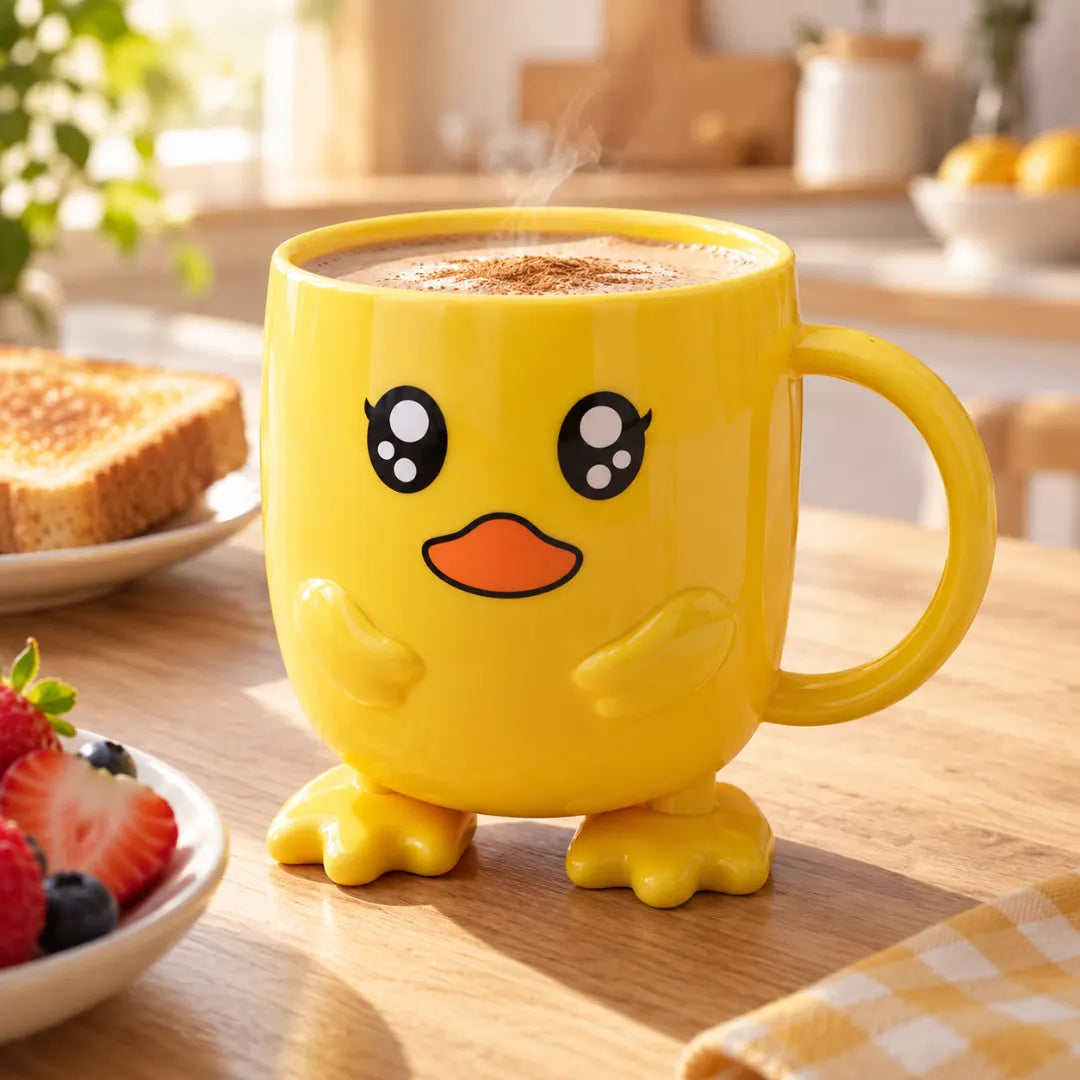 Cartoon Duck Drinking Mug for Kids with 3D Sculpted Face & Wing Handle – Microwave-Safe Children's Cup | Thomler