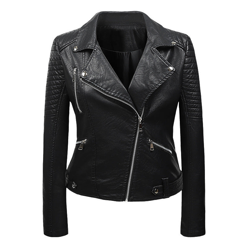 Women's Real Leather Moto Jacket with Diagonal Zipper and Textured Shoulder Detail | Thomler