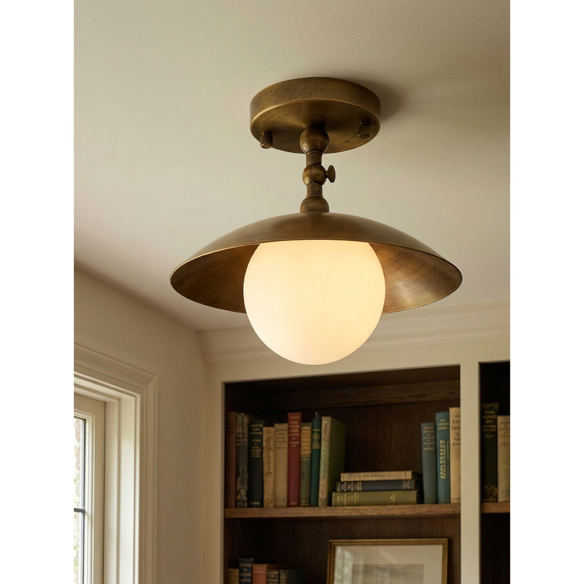 Semi-Flush Ceiling Light with Hand-Finished Brass and Glass or Alabaster Shade – 10 in – Hardwired Ceiling Fixture for Kitchen, Hallway | Thomler