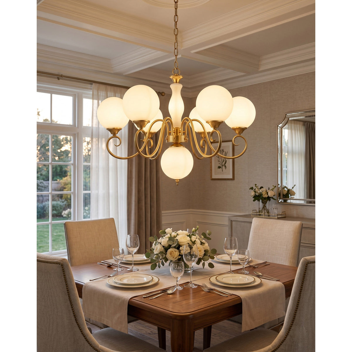 Handcrafted Glass Globe Chandelier with Aged Brass Frame – Multi-Arm Mid-Century Statement Light Fixture | Thomler