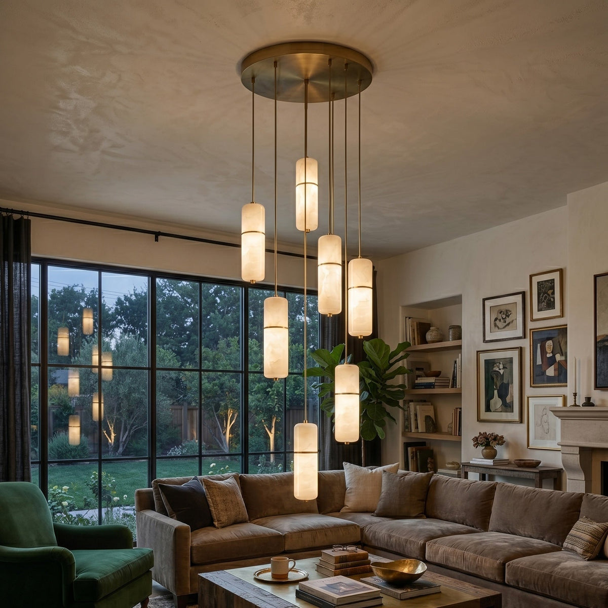 Alabaster Cluster Chandelier with Brass Accents & Integrated LED - Multiple Drop Configurations for High Ceilings, Dining Rooms & Foyers | Thomler