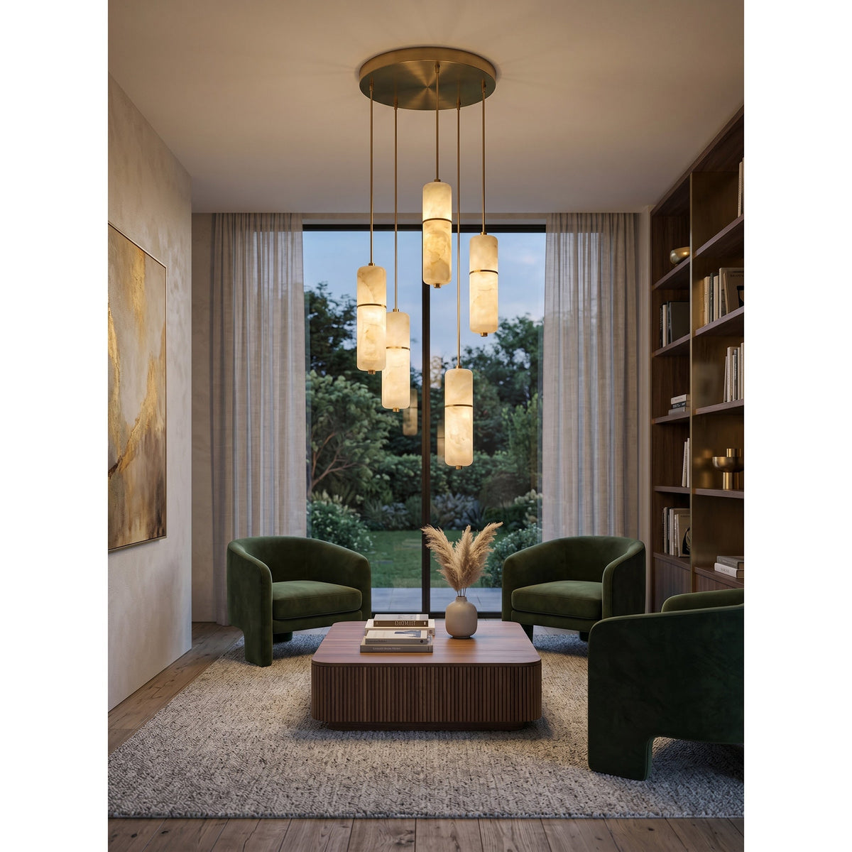 Alabaster Cluster Chandelier with Brass Accents & Integrated LED - Multiple Drop Configurations for High Ceilings, Dining Rooms & Foyers | Thomler