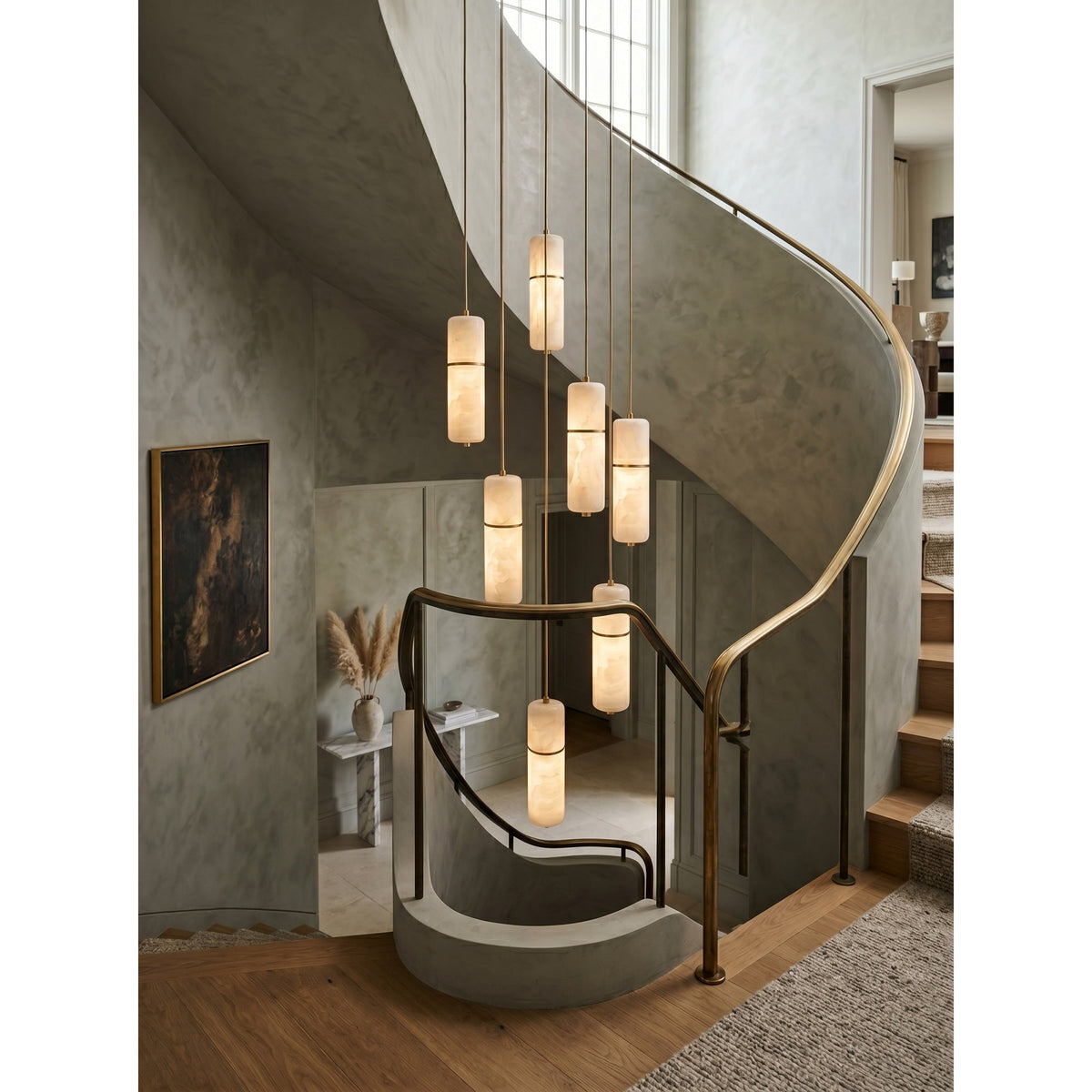 Alabaster Cluster Chandelier with Brass Accents & Integrated LED - Multiple Drop Configurations for High Ceilings, Dining Rooms & Foyers | Thomler