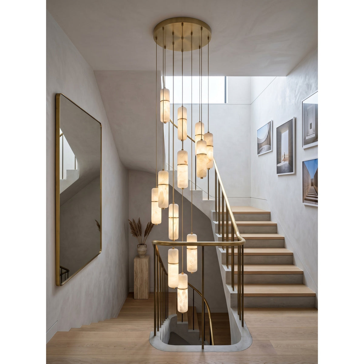 Alabaster Cluster Chandelier with Brass Accents & Integrated LED - Multiple Drop Configurations for High Ceilings, Dining Rooms & Foyers | Thomler