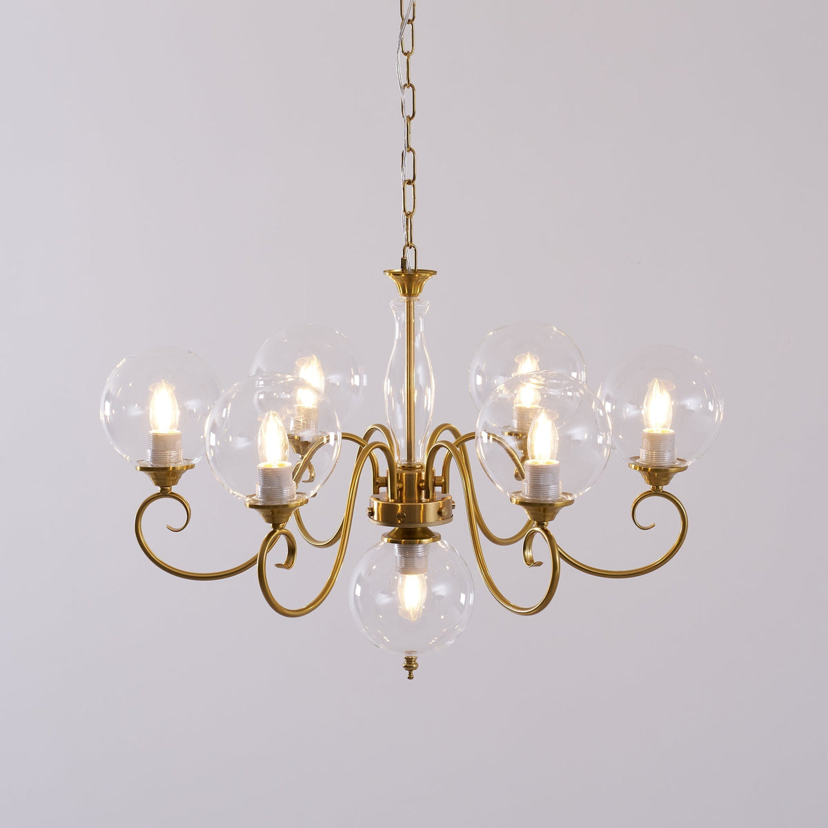 Handcrafted Glass Globe Chandelier with Aged Brass Frame – Multi-Arm Mid-Century Statement Light Fixture | Thomler