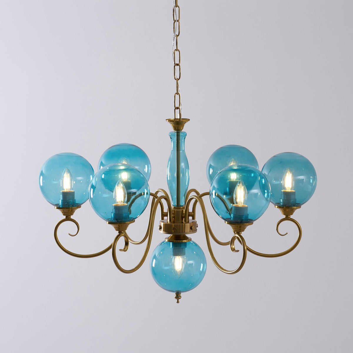 Handcrafted Glass Globe Chandelier with Aged Brass Frame – Multi-Arm Mid-Century Statement Light Fixture | Thomler