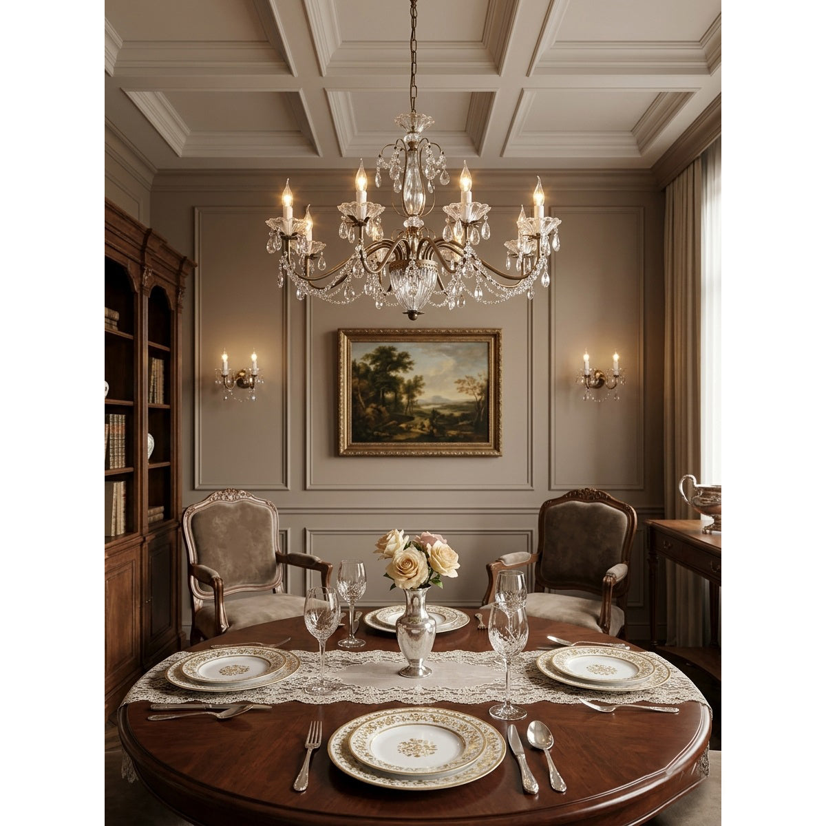 Classic Glass Globe Ceiling Fixture with Hanging Crystals – Multi-Light Dining Room Lighting in Warm Bronze Finish for Foyer, Living Room | Thomler